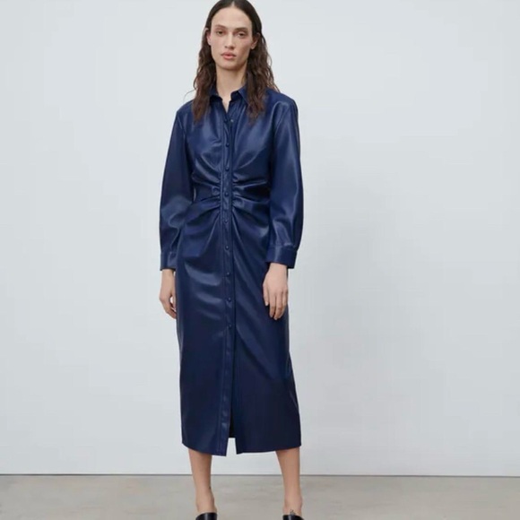 Zara Faux Leather Midi Shirt Dress (L) - Picture 2 of 6